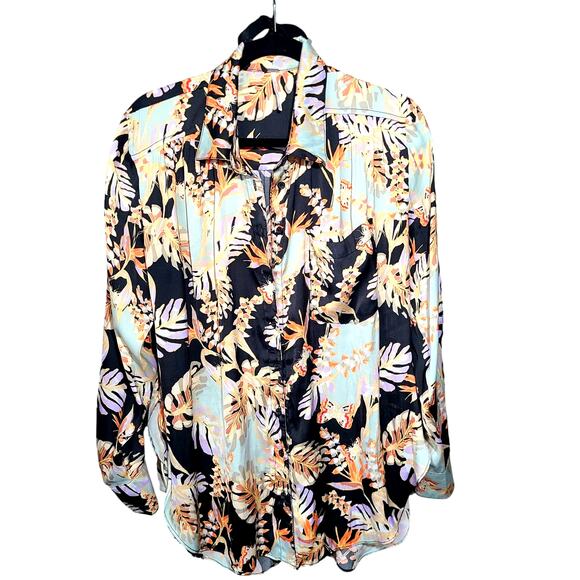 Free People Tropical Satin Blouse L Under the Palms Button-Up Boho Long Sleeve - Picture 1 of 11